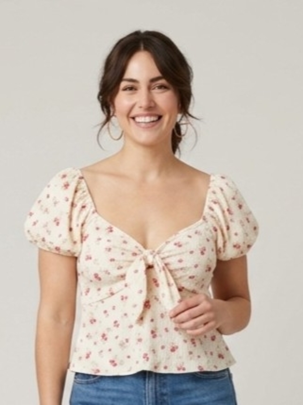 See You Monday Cream Floral Tie-Front Crop Top with Pink Roses